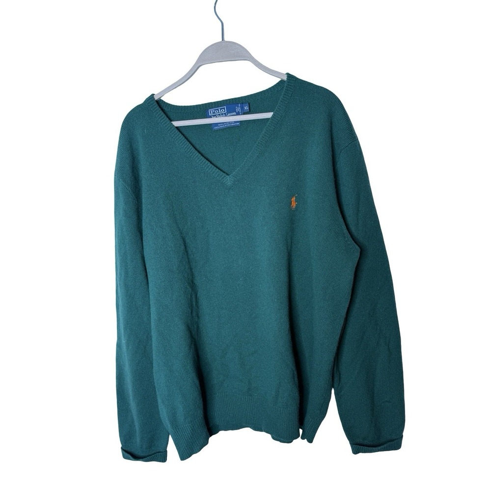 Polo Ralph Lauren V Neck Sweater Men‎ XL Green Lambswool Embroidered Orange Pony